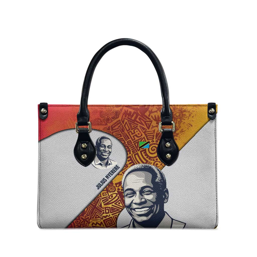 Julius Nyerere Leather Bag with Smiling Portrait, Tribal Pattern and Simplicity is Power Quote - African Pride