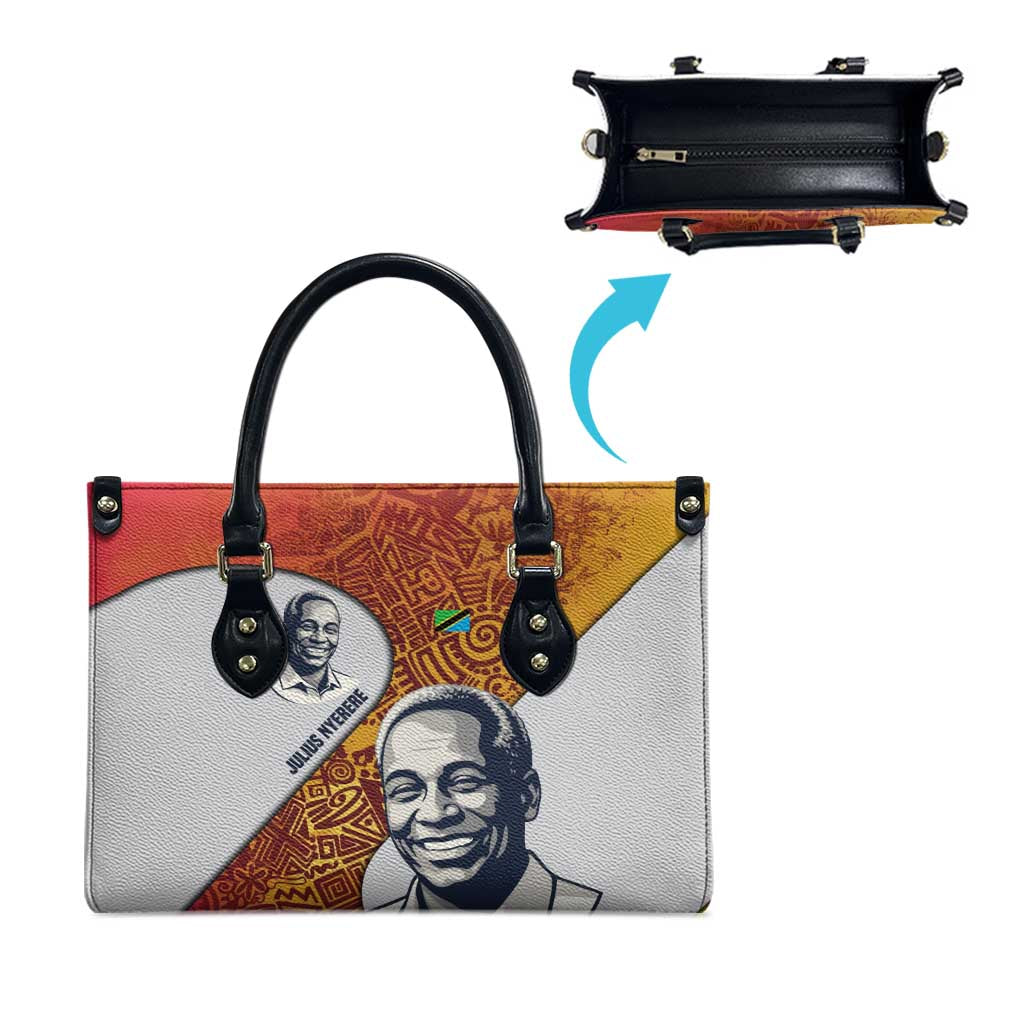 Julius Nyerere Leather Bag with Smiling Portrait, Tribal Pattern and Simplicity is Power Quote - African Pride