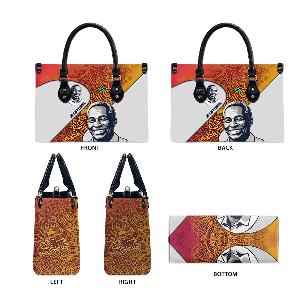 Julius Nyerere Leather Bag with Smiling Portrait, Tribal Pattern and Simplicity is Power Quote - African Pride