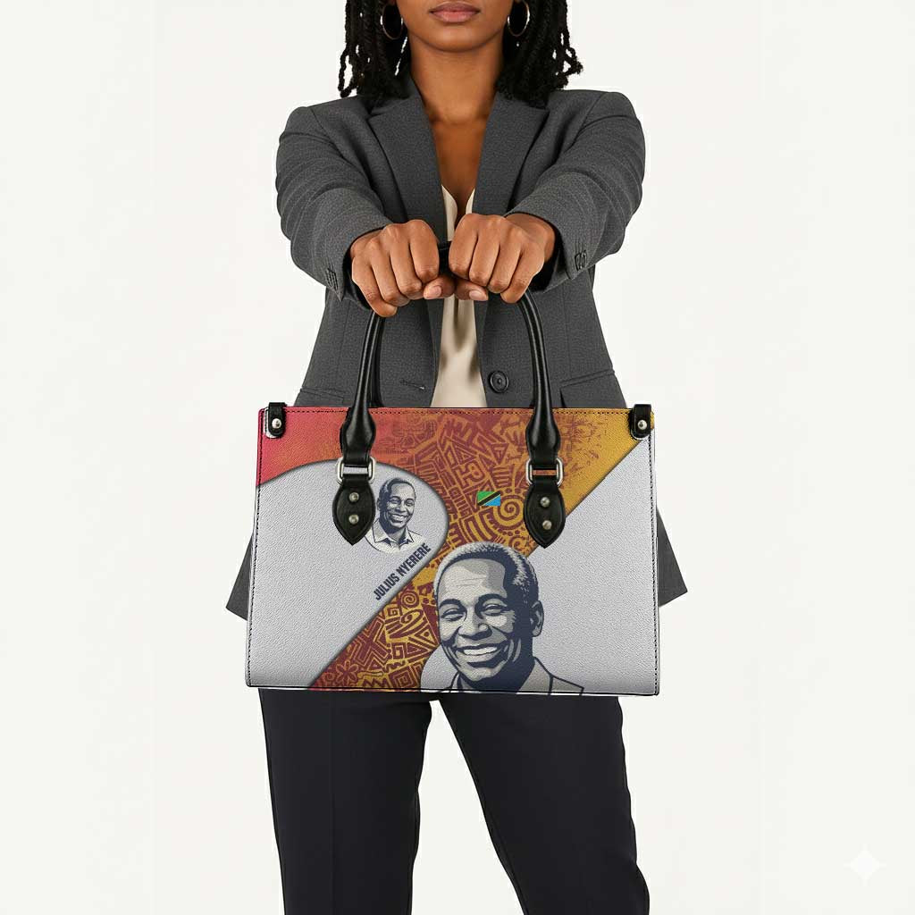 Julius Nyerere Leather Bag with Smiling Portrait, Tribal Pattern and Simplicity is Power Quote - African Pride
