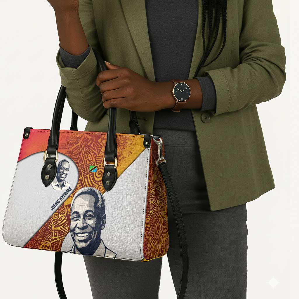 Julius Nyerere Leather Bag with Smiling Portrait, Tribal Pattern and Simplicity is Power Quote - African Pride