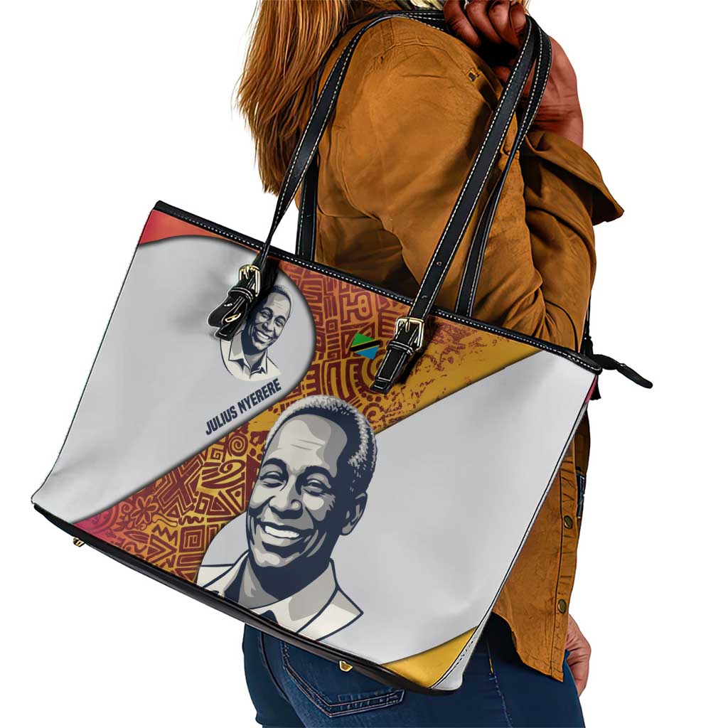 Julius Nyerere Leather Tote Bag with Smiling Portrait, Tribal Pattern and Simplicity is Power Quote - African Pride