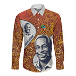 Julius Nyerere Long Sleeve Button Shirt with Smiling Portrait, Tribal Pattern and Simplicity is Power Quote - African Pride