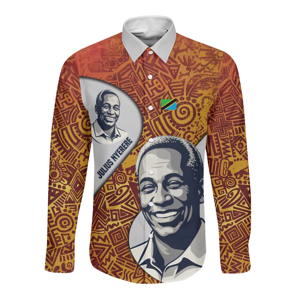 Julius Nyerere Long Sleeve Button Shirt with Smiling Portrait, Tribal Pattern and Simplicity is Power Quote - African Pride