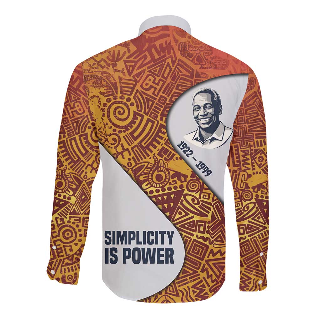 Julius Nyerere Long Sleeve Button Shirt with Smiling Portrait, Tribal Pattern and Simplicity is Power Quote - African Pride