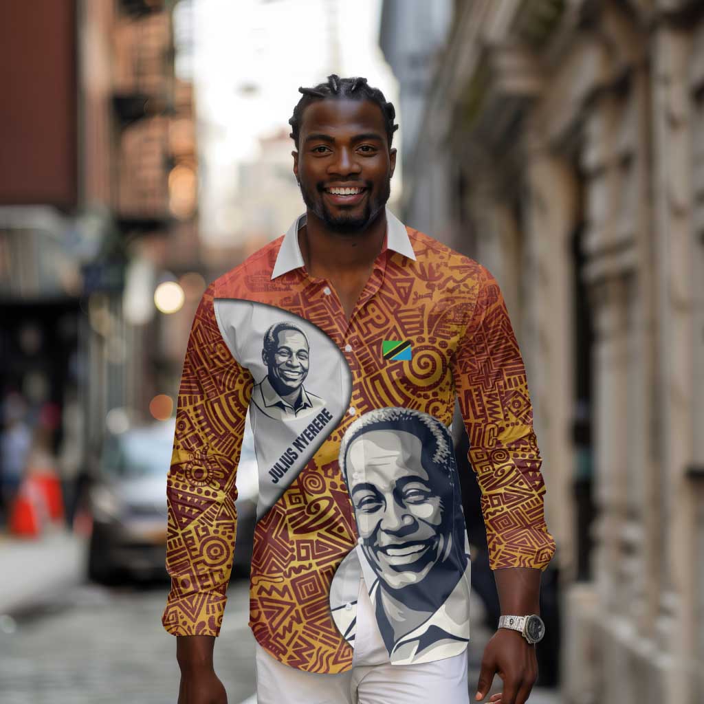 Julius Nyerere Long Sleeve Button Shirt with Smiling Portrait, Tribal Pattern and Simplicity is Power Quote - African Pride