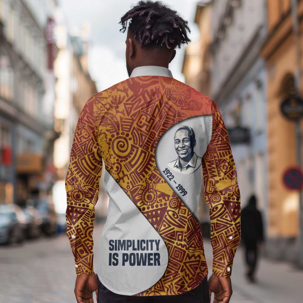 Julius Nyerere Long Sleeve Button Shirt with Smiling Portrait, Tribal Pattern and Simplicity is Power Quote - African Pride