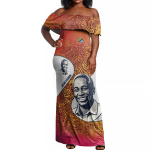 Julius Nyerere Off Shoulder Maxi Dress with Smiling Portrait, Tribal Pattern and Simplicity is Power Quote - African Pride
