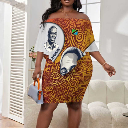 Julius Nyerere Off Shoulder Short Dress with Smiling Portrait, Tribal Pattern and Simplicity is Power Quote - African Pride