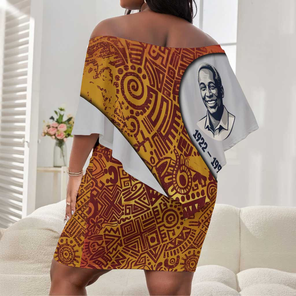 Julius Nyerere Off Shoulder Short Dress with Smiling Portrait, Tribal Pattern and Simplicity is Power Quote - African Pride