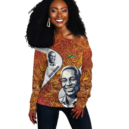 Julius Nyerere Off Shoulder Sweater with Smiling Portrait, Tribal Pattern and Simplicity is Power Quote - African Pride