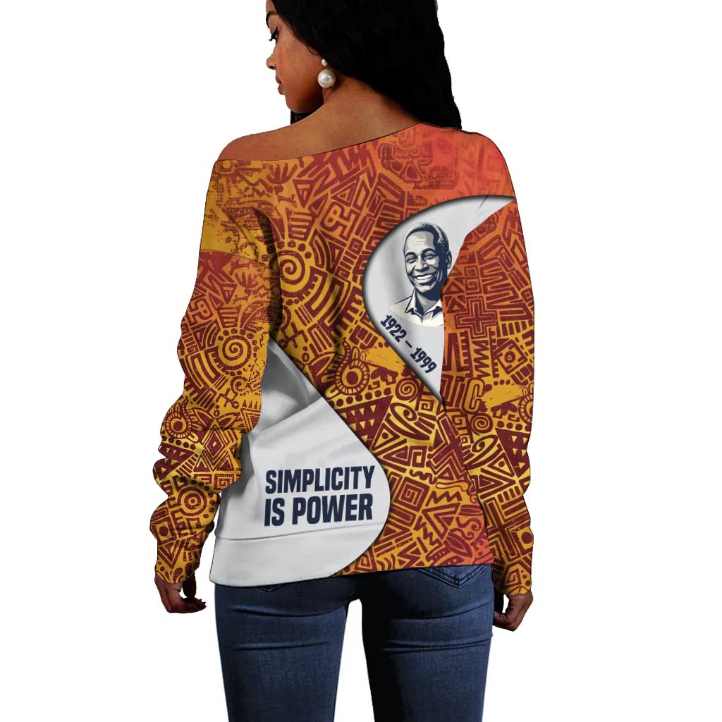 Julius Nyerere Off Shoulder Sweater with Smiling Portrait, Tribal Pattern and Simplicity is Power Quote - African Pride