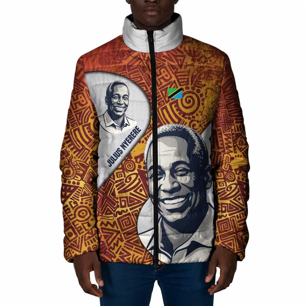 Julius Nyerere Padded Jacket with Smiling Portrait, Tribal Pattern and Simplicity is Power Quote - African Pride