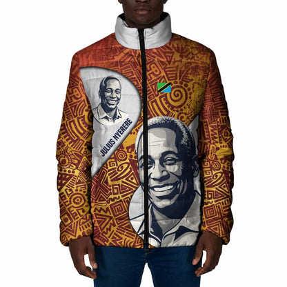 Julius Nyerere Padded Jacket with Smiling Portrait, Tribal Pattern and Simplicity is Power Quote - African Pride