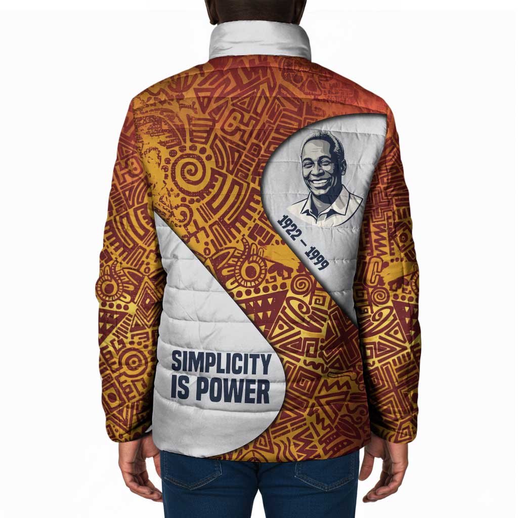 Julius Nyerere Padded Jacket with Smiling Portrait, Tribal Pattern and Simplicity is Power Quote - African Pride