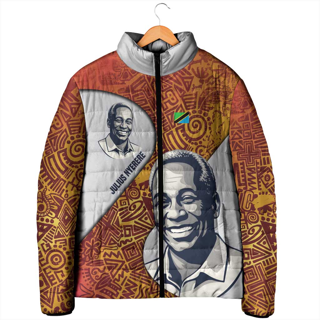 Julius Nyerere Padded Jacket with Smiling Portrait, Tribal Pattern and Simplicity is Power Quote - African Pride