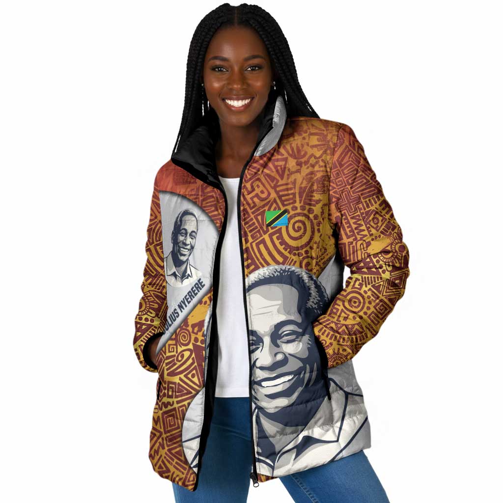 Julius Nyerere Padded Jacket with Smiling Portrait, Tribal Pattern and Simplicity is Power Quote - African Pride