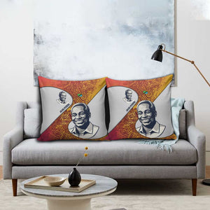 Julius Nyerere Pillow Cover with Smiling Portrait, Tribal Pattern and Simplicity is Power Quote - African Pride