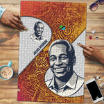 Julius Nyerere Puzzle with Smiling Portrait, Tribal Pattern and Simplicity is Power Quote - African Pride