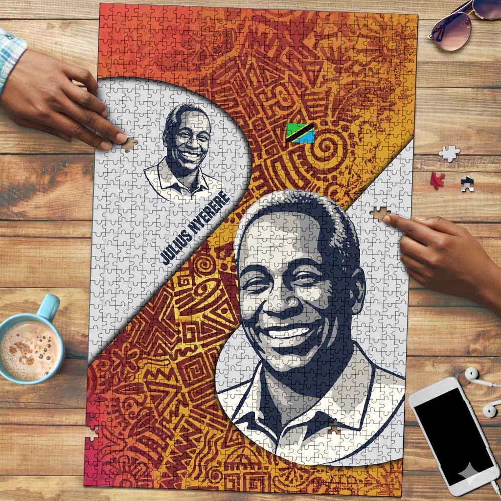 Julius Nyerere Puzzle with Smiling Portrait, Tribal Pattern and Simplicity is Power Quote - African Pride