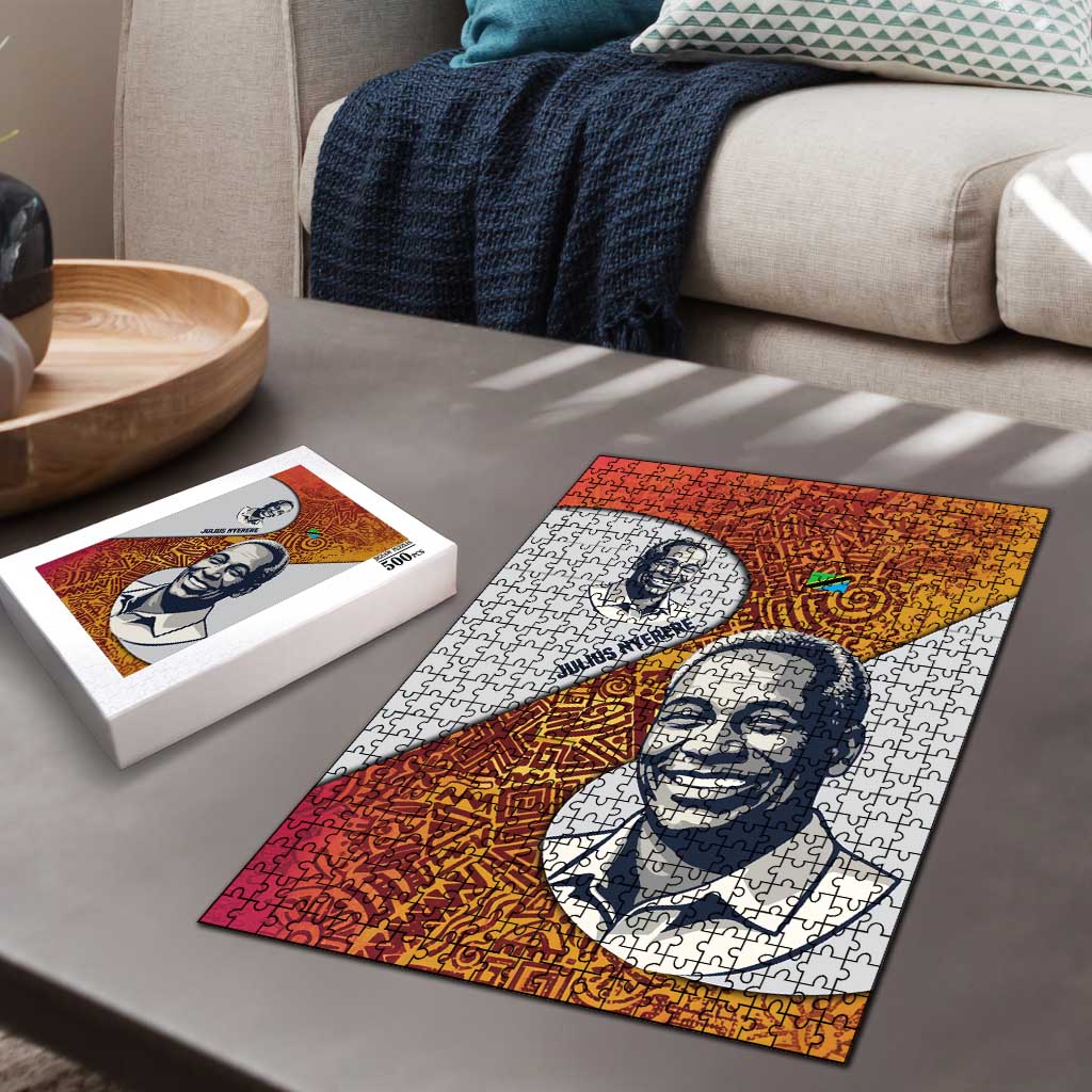 Julius Nyerere Puzzle with Smiling Portrait, Tribal Pattern and Simplicity is Power Quote - African Pride