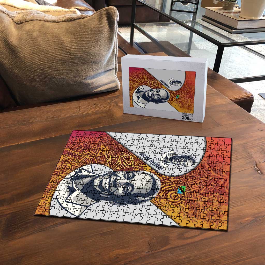 Julius Nyerere Puzzle with Smiling Portrait, Tribal Pattern and Simplicity is Power Quote - African Pride