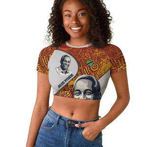 Julius Nyerere Raglan Cropped T shirt with Smiling Portrait, Tribal Pattern and Simplicity is Power Quote - African Pride