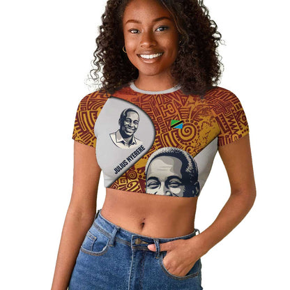 Julius Nyerere Raglan Cropped T shirt with Smiling Portrait, Tribal Pattern and Simplicity is Power Quote - African Pride