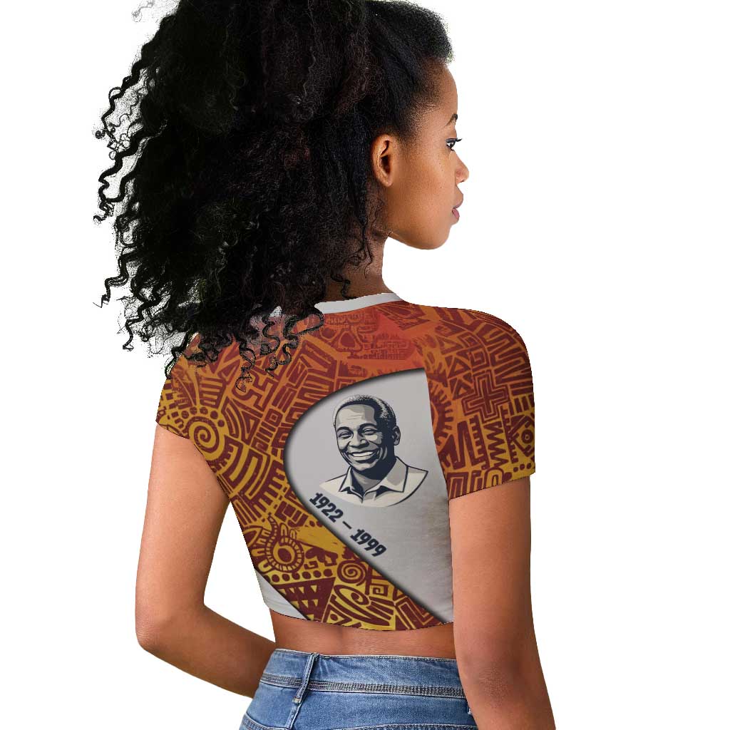 Julius Nyerere Raglan Cropped T shirt with Smiling Portrait, Tribal Pattern and Simplicity is Power Quote - African Pride