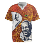 Julius Nyerere Rugby Jersey with Smiling Portrait, Tribal Pattern and Simplicity is Power Quote - African Pride