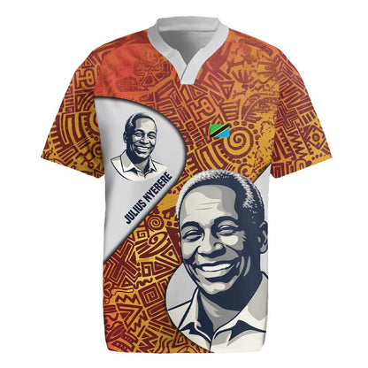 Julius Nyerere Rugby Jersey with Smiling Portrait, Tribal Pattern and Simplicity is Power Quote - African Pride