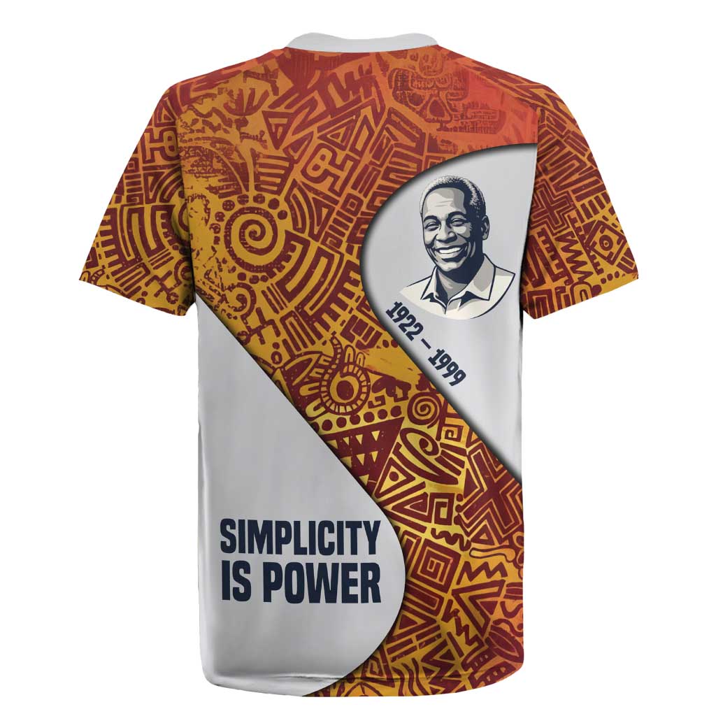 Julius Nyerere Rugby Jersey with Smiling Portrait, Tribal Pattern and Simplicity is Power Quote - African Pride