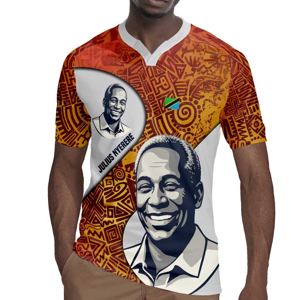 Julius Nyerere Rugby Jersey with Smiling Portrait, Tribal Pattern and Simplicity is Power Quote - African Pride