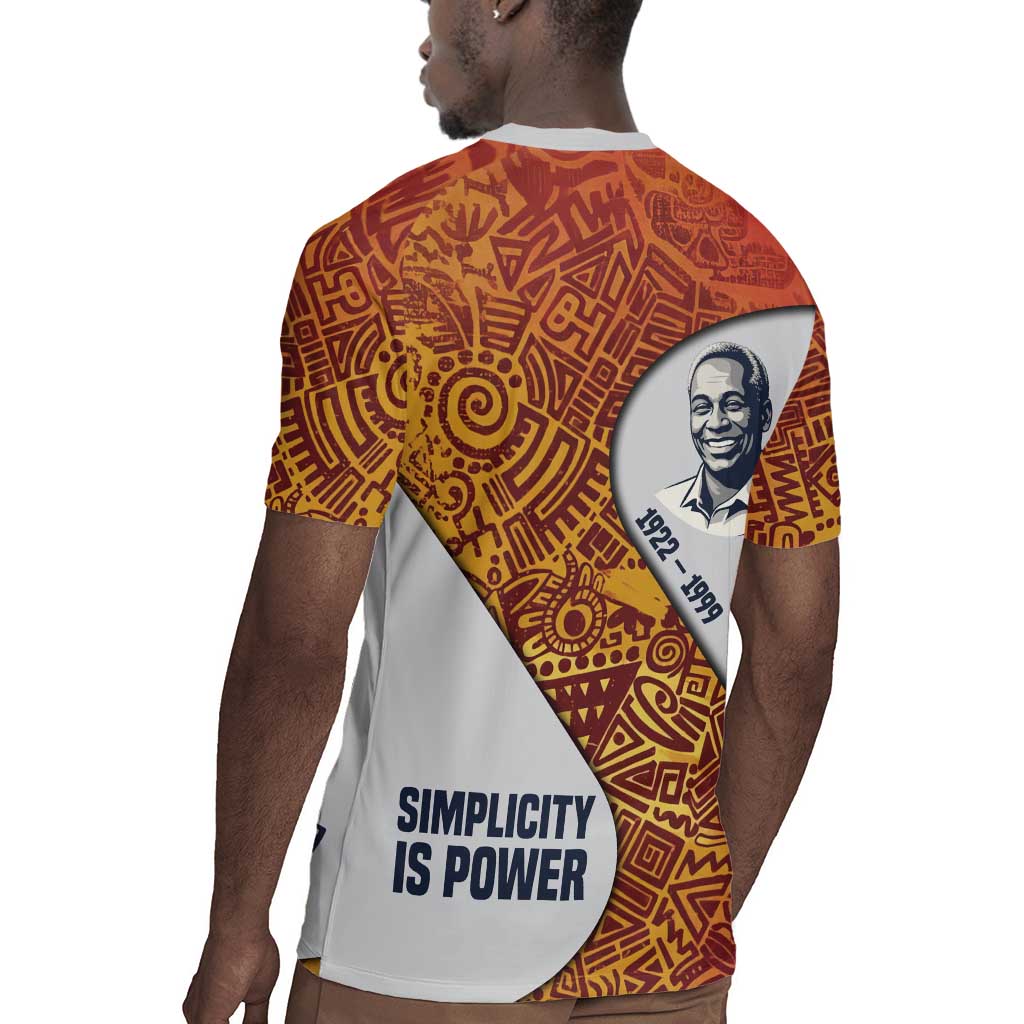 Julius Nyerere Rugby Jersey with Smiling Portrait, Tribal Pattern and Simplicity is Power Quote - African Pride