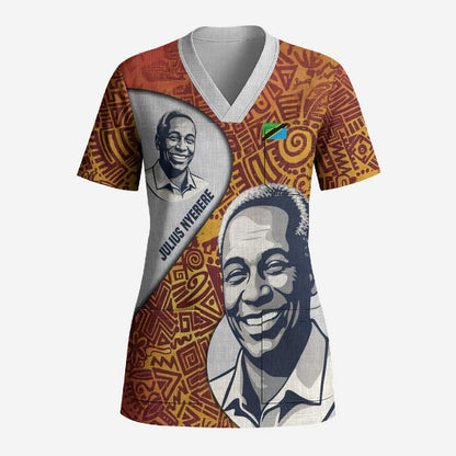 Julius Nyerere Scrub Top with Smiling Portrait, Tribal Pattern and Simplicity is Power Quote - African Pride