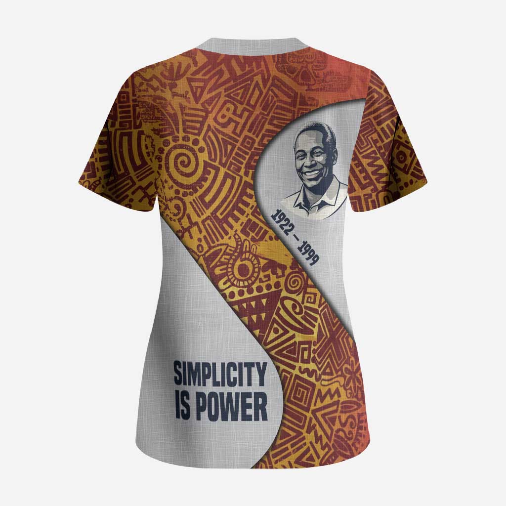 Julius Nyerere Scrub Top with Smiling Portrait, Tribal Pattern and Simplicity is Power Quote - African Pride