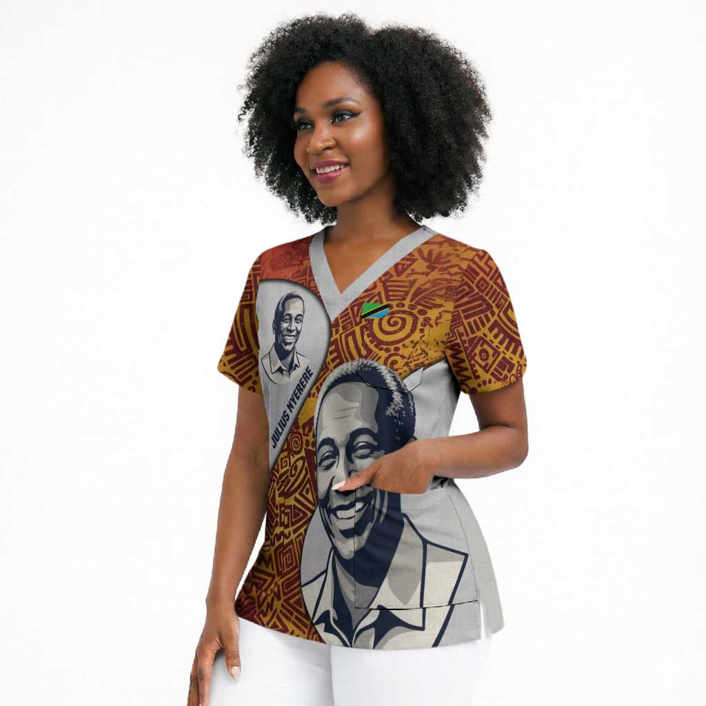 Julius Nyerere Scrub Top with Smiling Portrait, Tribal Pattern and Simplicity is Power Quote - African Pride