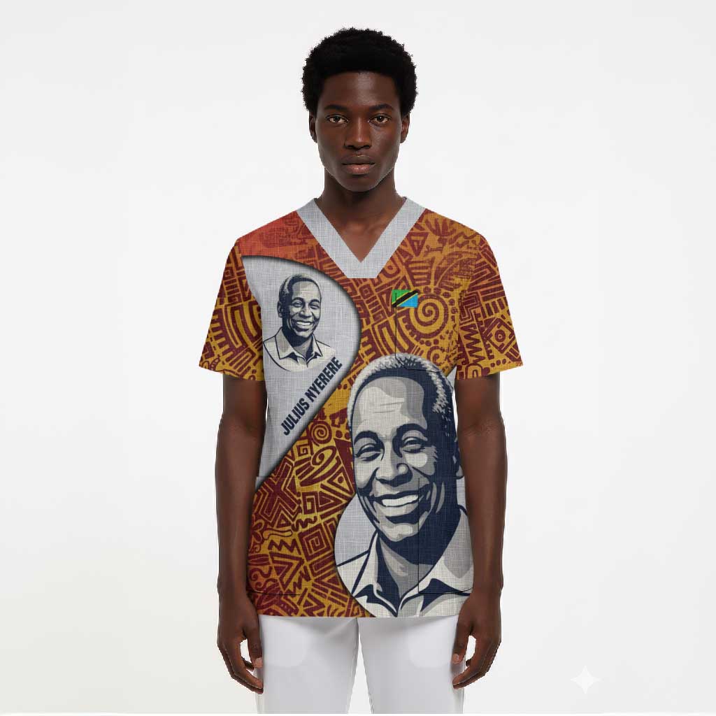 Julius Nyerere Scrub Top with Smiling Portrait, Tribal Pattern and Simplicity is Power Quote - African Pride
