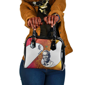 Julius Nyerere Shoulder Handbag with Smiling Portrait, Tribal Pattern and Simplicity is Power Quote - African Pride