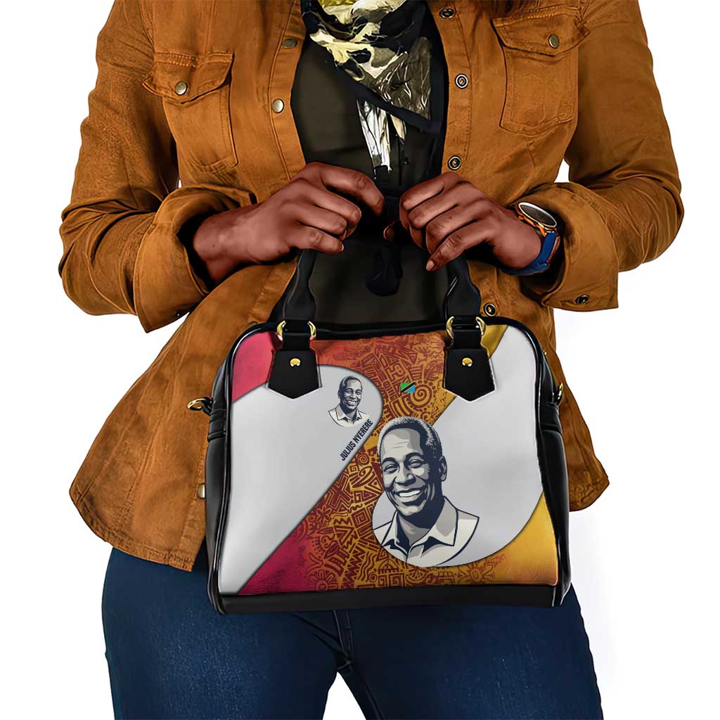 Julius Nyerere Shoulder Handbag with Smiling Portrait, Tribal Pattern and Simplicity is Power Quote - African Pride