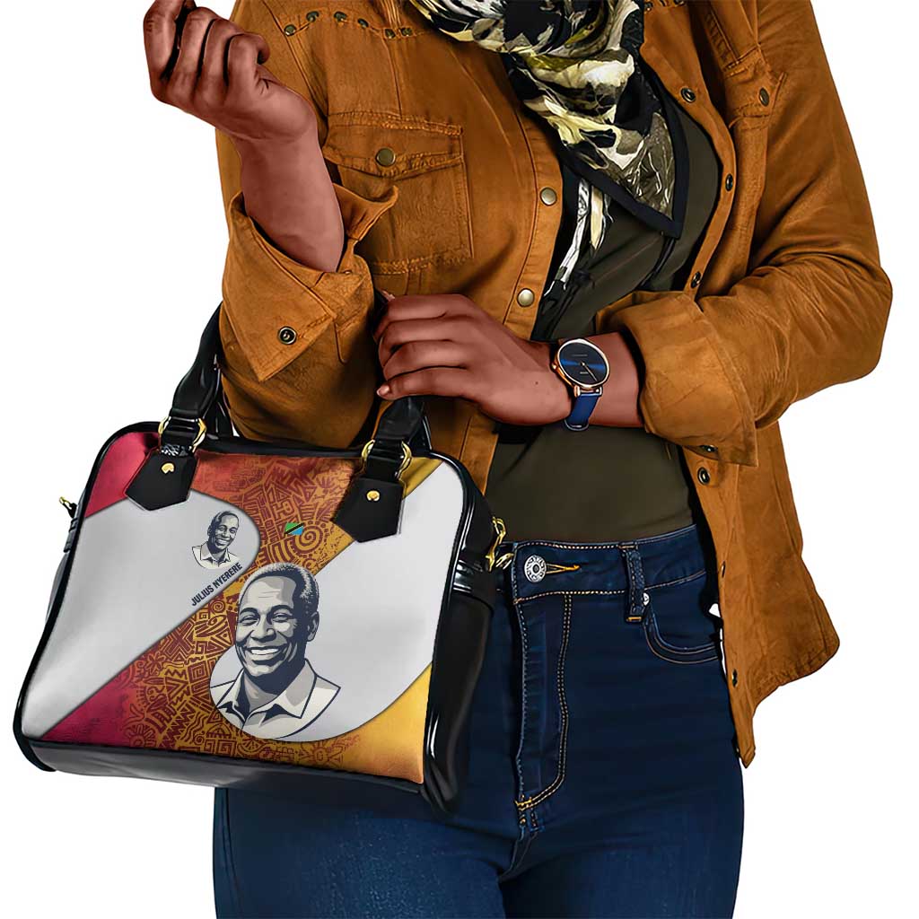 Julius Nyerere Shoulder Handbag with Smiling Portrait, Tribal Pattern and Simplicity is Power Quote - African Pride