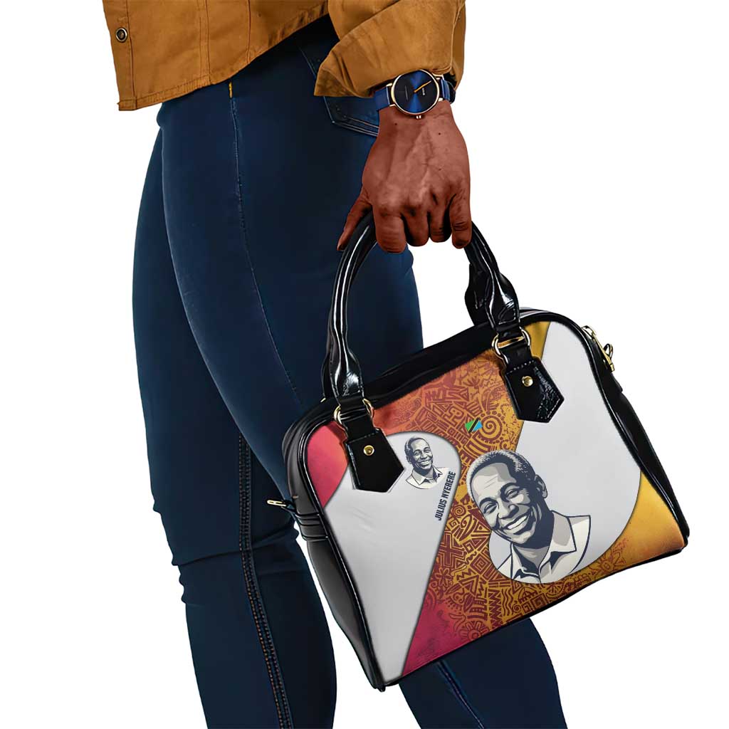Julius Nyerere Shoulder Handbag with Smiling Portrait, Tribal Pattern and Simplicity is Power Quote - African Pride