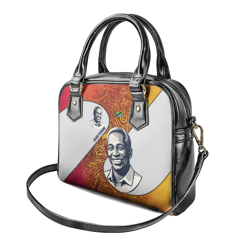 Julius Nyerere Shoulder Handbag with Smiling Portrait, Tribal Pattern and Simplicity is Power Quote - African Pride