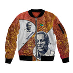 Julius Nyerere Sleeve Zip Bomber Jacket with Smiling Portrait, Tribal Pattern and Simplicity is Power Quote - African Pride