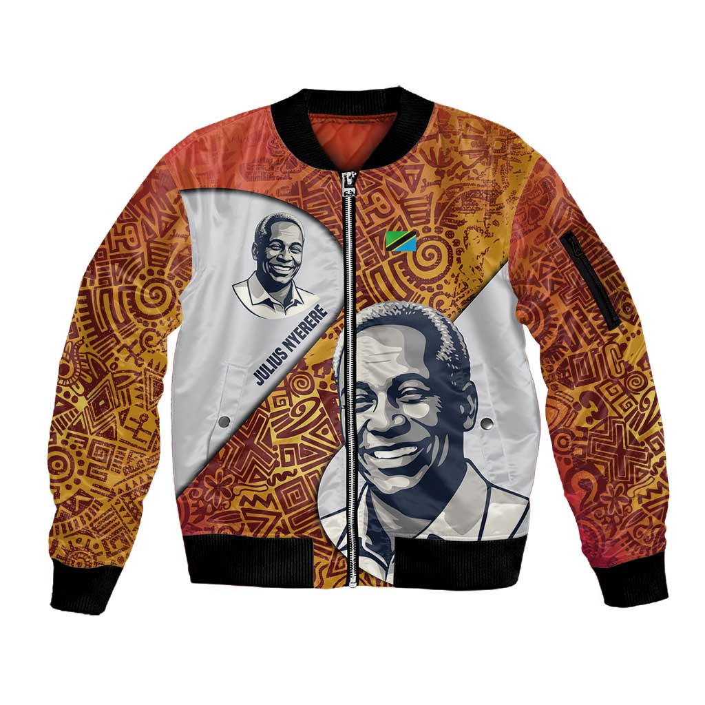 Julius Nyerere Sleeve Zip Bomber Jacket with Smiling Portrait, Tribal Pattern and Simplicity is Power Quote - African Pride