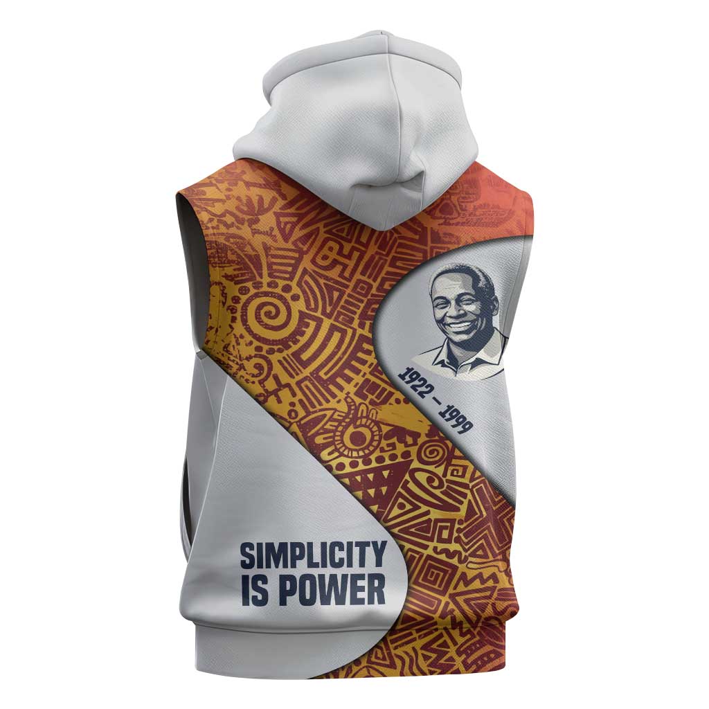 Julius Nyerere Sleeveless Hoodie with Smiling Portrait, Tribal Pattern and Simplicity is Power Quote - African Pride