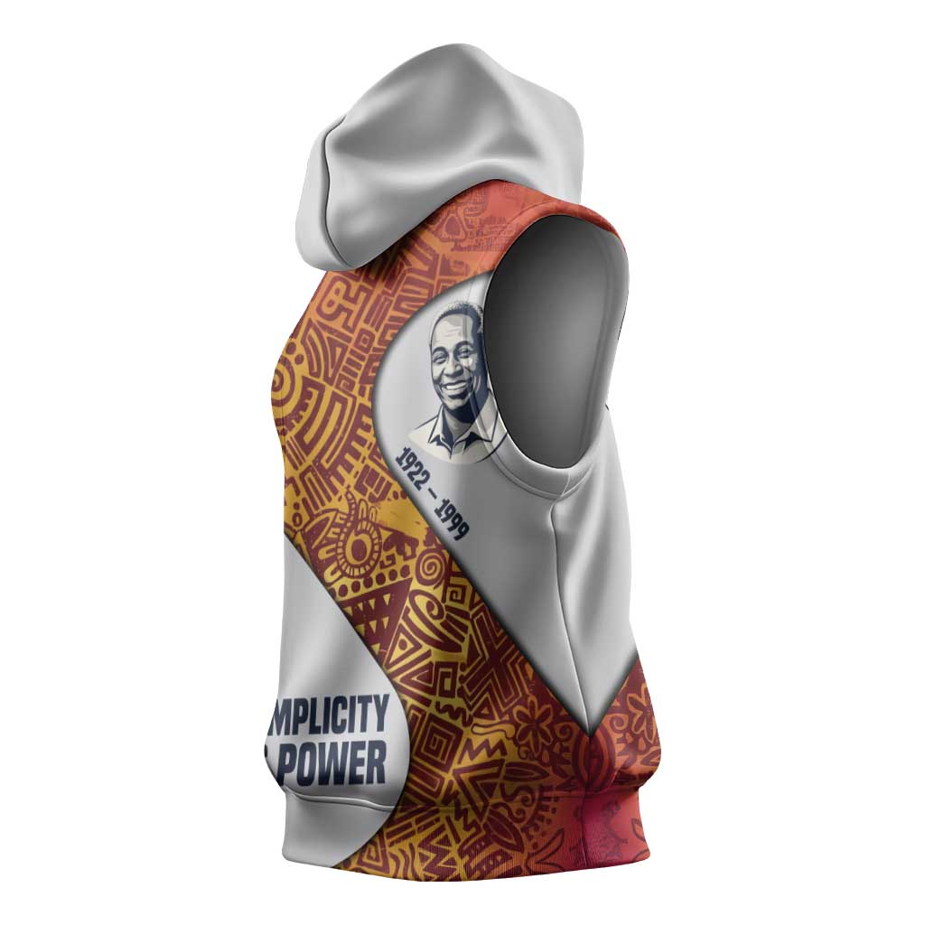 Julius Nyerere Sleeveless Hoodie with Smiling Portrait, Tribal Pattern and Simplicity is Power Quote - African Pride