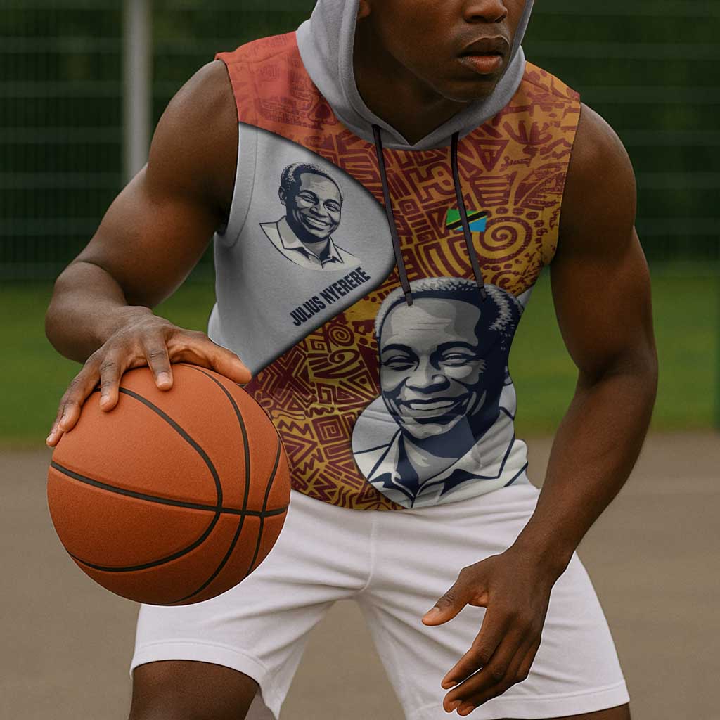 Julius Nyerere Sleeveless Hoodie with Smiling Portrait, Tribal Pattern and Simplicity is Power Quote - African Pride