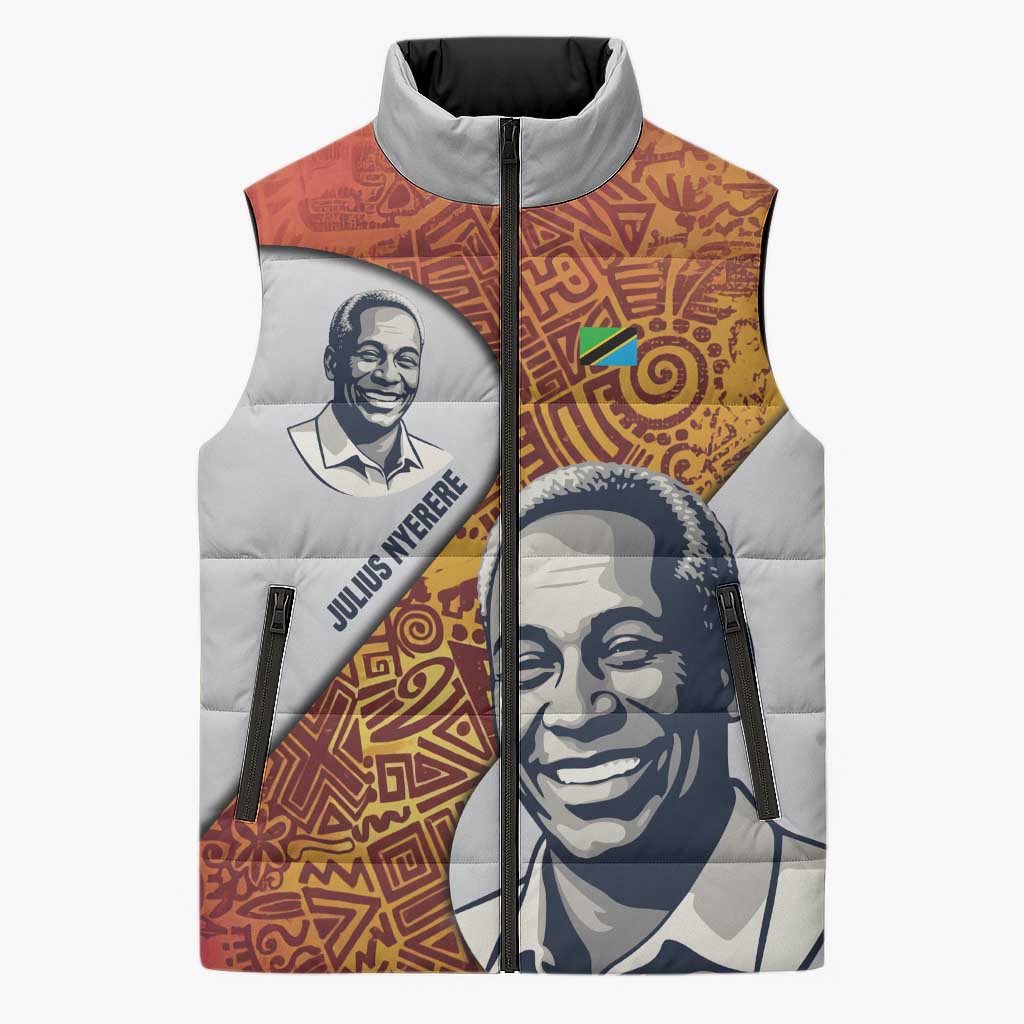 Julius Nyerere Sleeveless Puffer Jacket with Smiling Portrait, Tribal Pattern and Simplicity is Power Quote - African Pride