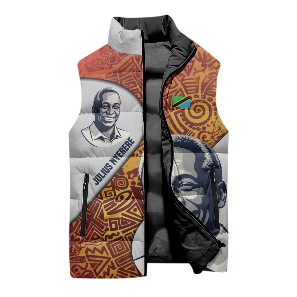 Julius Nyerere Sleeveless Puffer Jacket with Smiling Portrait, Tribal Pattern and Simplicity is Power Quote - African Pride